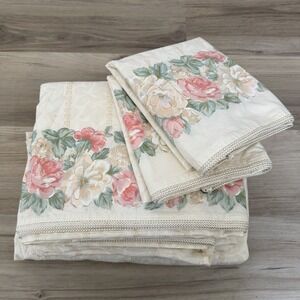 Vintage 1986 Eileen West 4PC KING Sheet Set Tan Gold Floral Cottage Farmhouse‎
